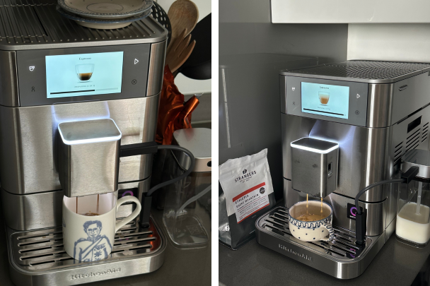 Making different drinks with the KitchenAid kf8 coffee machine | Pictured are espresso and cappuccino being made