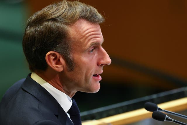 <p>France’s president Emmanuel Macron speaks during a United Nations summit on Palestinians at UN headquarters in New York on Monday</p>