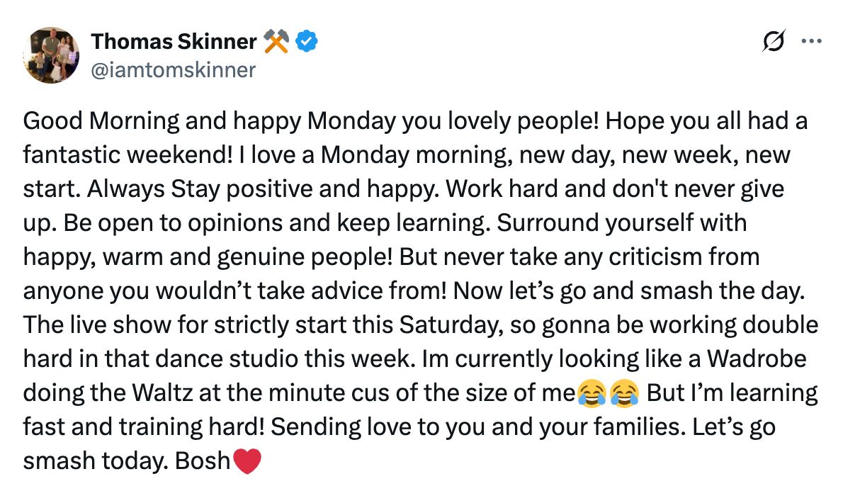Skinner compartilhou uma mensagem otimista antes de sua primeira apresentação ao vivo na competição de dança da BBC