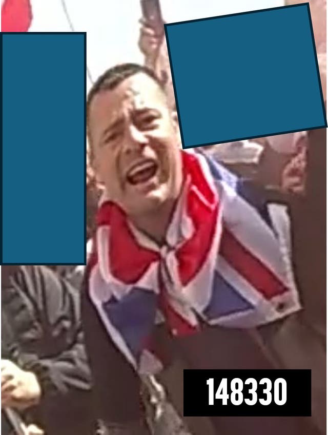 <p>Handout photo issued by the Metropolitan Police of one of 18 people they are trying to trace who are suspected of public order offences and assaults on emergency workers on the day of the Unite the Kingdom rally.</p>