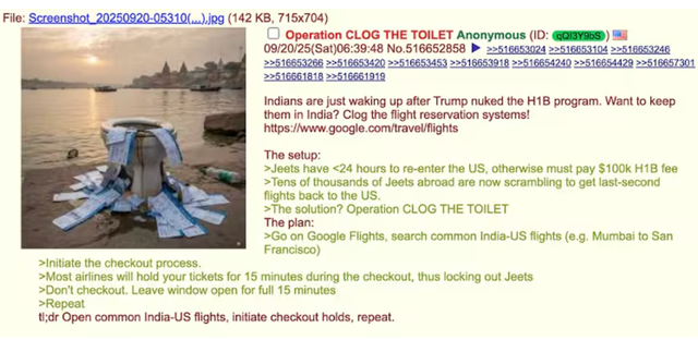 <p>A post on 4chan explaining how users can prank Indians returning to the U.S. by block-booking seats on international flights to cause a ticket price surge</p>