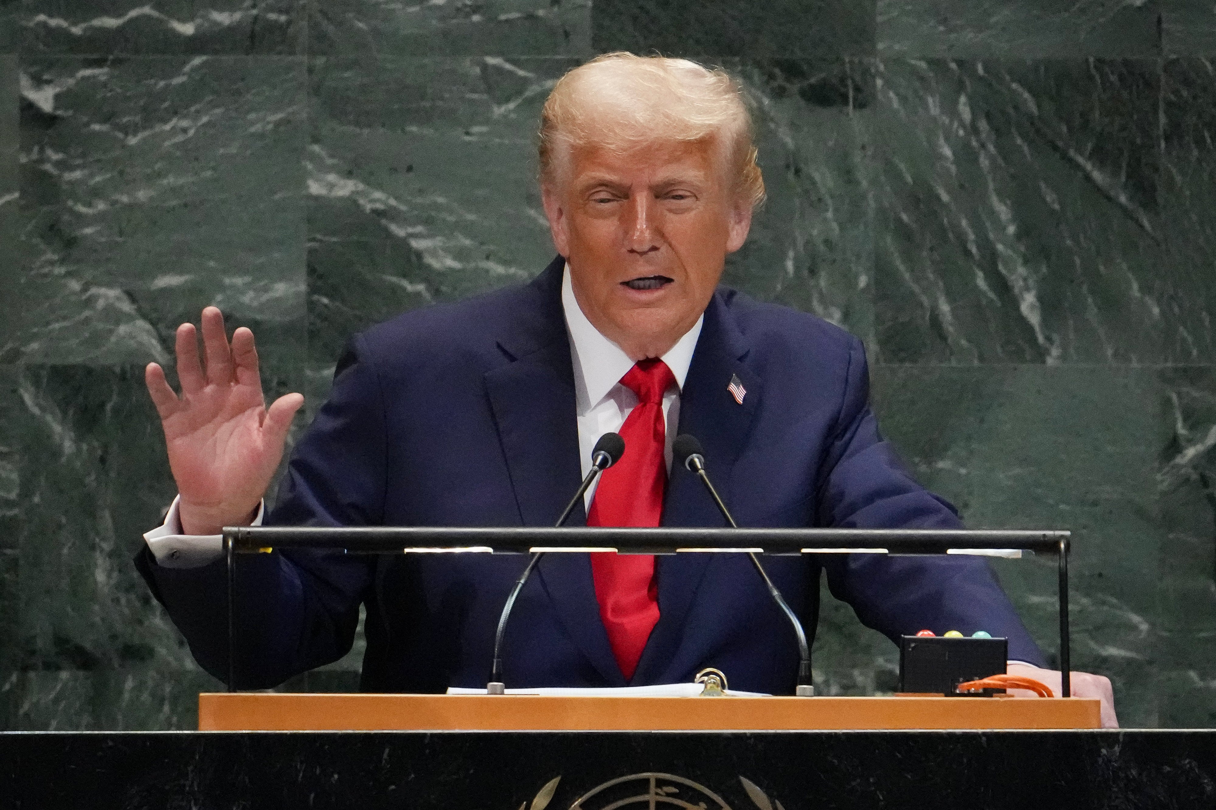 Donald Trump delivers remarks to the United Nations General Assembly at the UN headquarters in New York City on 23 September