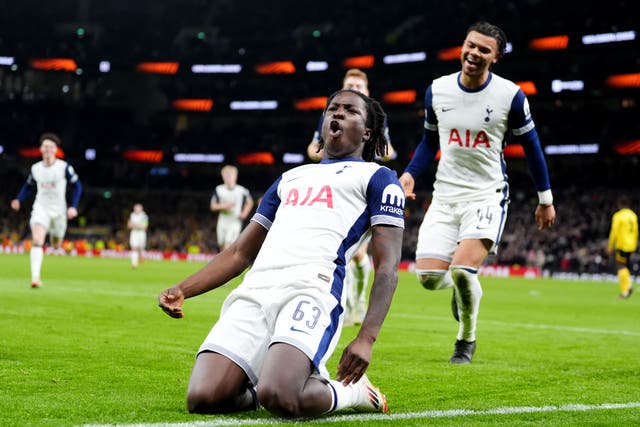 Damola Ajayi celebrates scoring for Tottenham in a 3-0 win over Elfsborg (Adam Davy/PA)