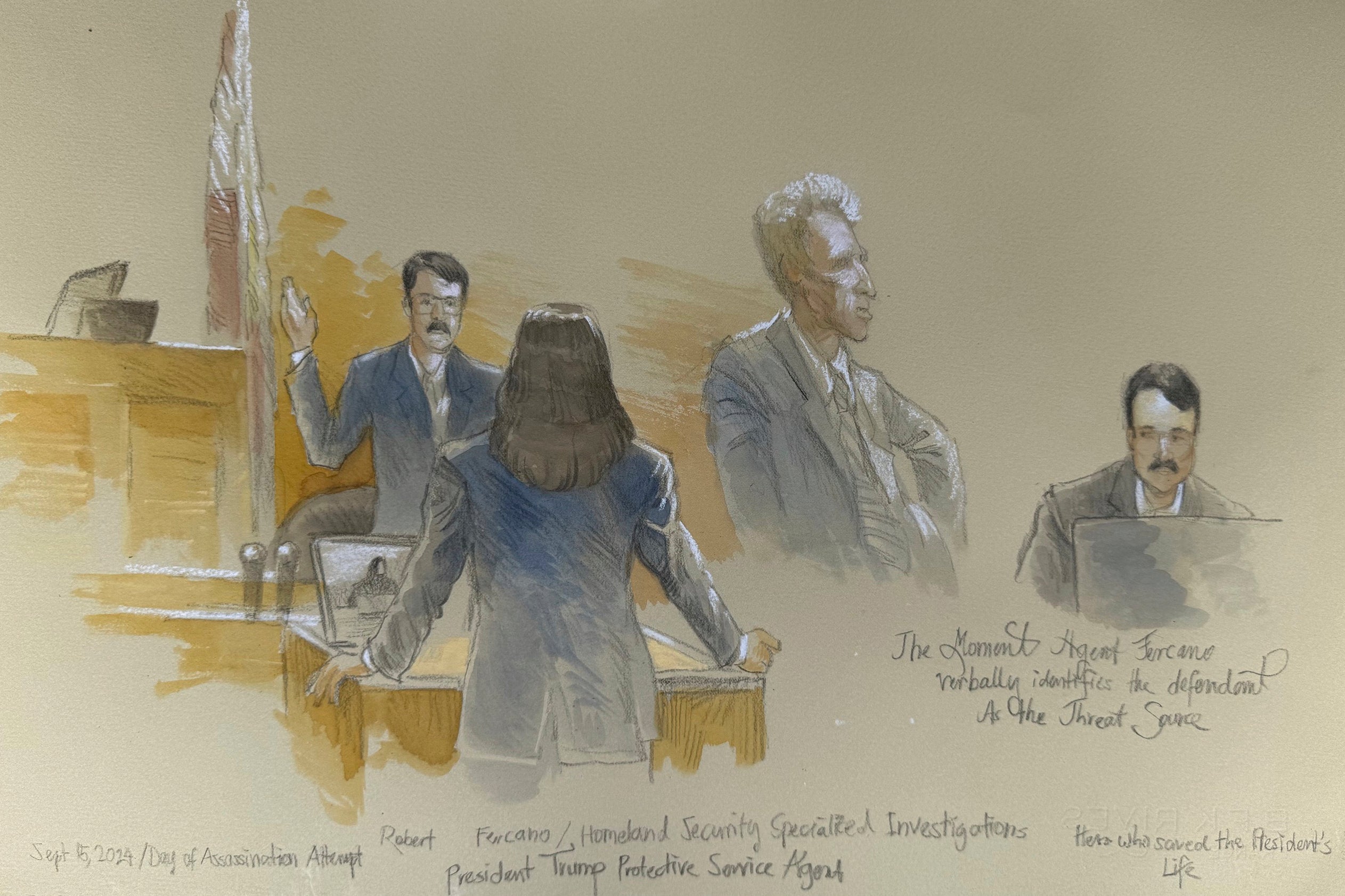A courtroom sketch depicts a Secret Service agent pointing out Ryan Routh as the man who tried to kill Trump during his testimony in federal court September 11