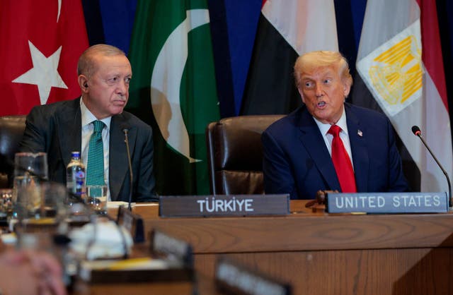 <p>The leaders discussed plans for post-war governance in Gaza. In his earlier address to the UN, President of Turkey Recep Tayyip Erdogan, seen here with Trump, highlighted the suffering of the Palestinian people</p>