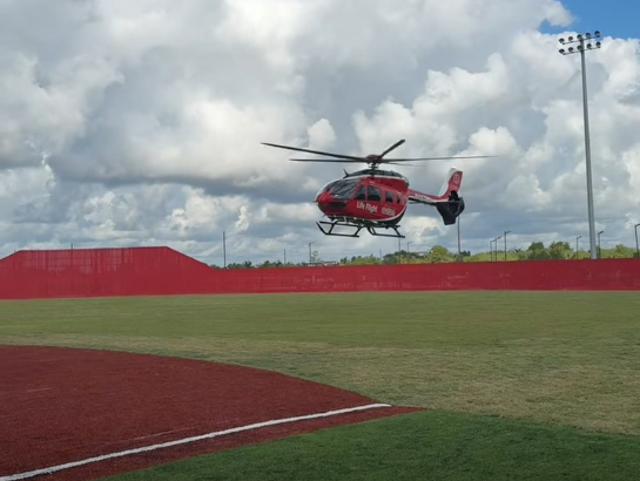 <p>A 27-year-old baseball coach is airlifted to hospital in Katy, Texas after gunfire interrupted a game on Sunday </p>