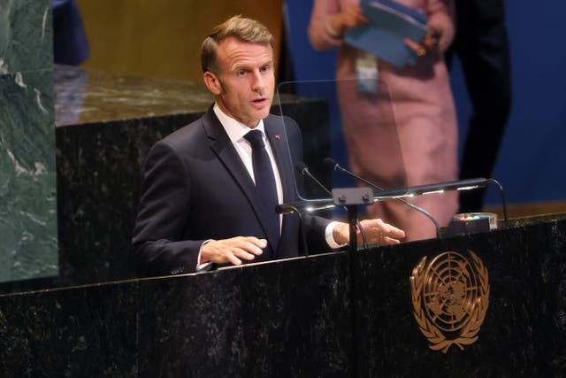 <p> French President Emmanuel Macron speaks at a United Nations (UN) General Assembly meeting being organised by France and Saudi Arabia in support of a two-state solution between Palestine and Israel</p>