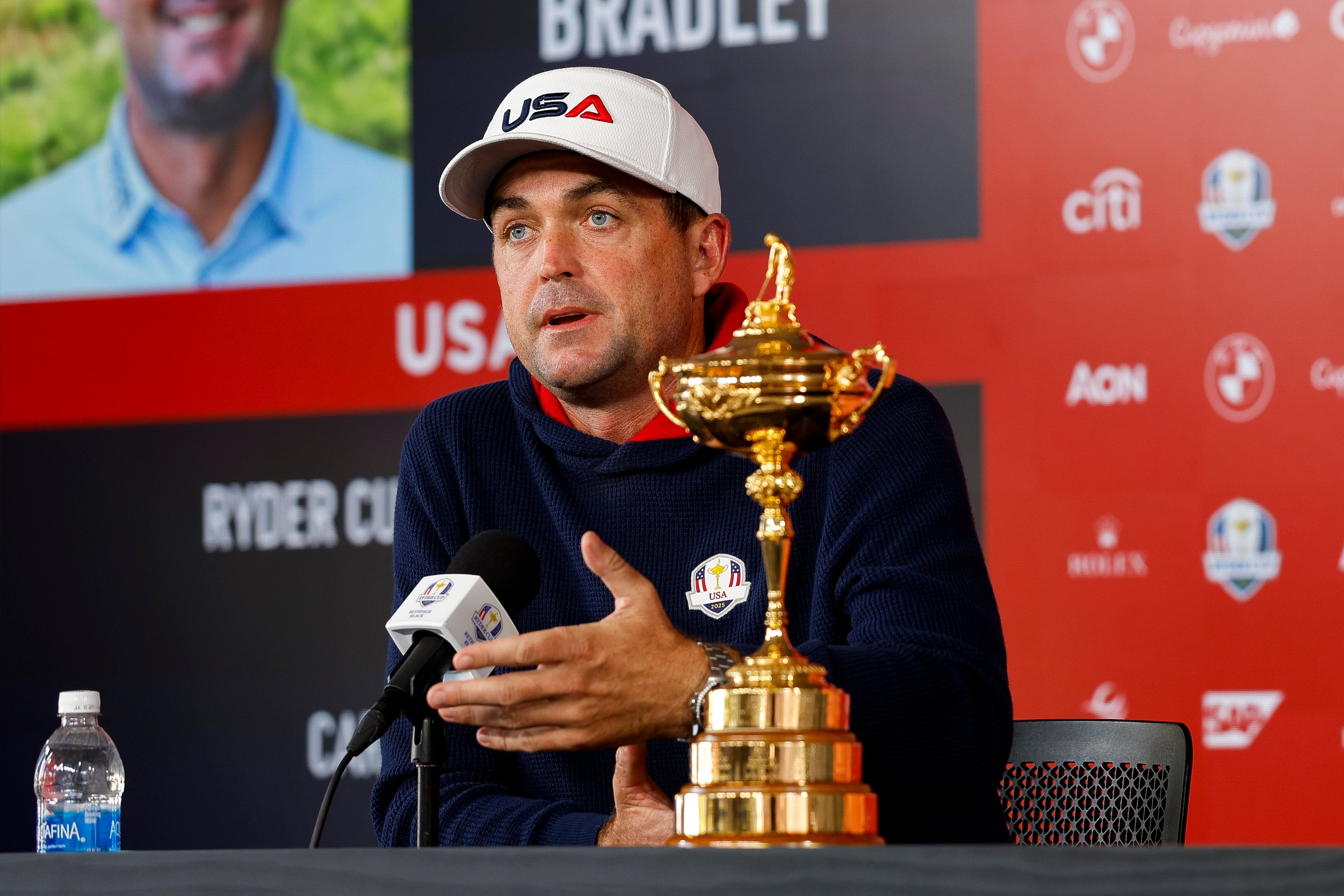 <p>Keegan Bradley gave a press conference at Bethpage Black on Monday</p>
