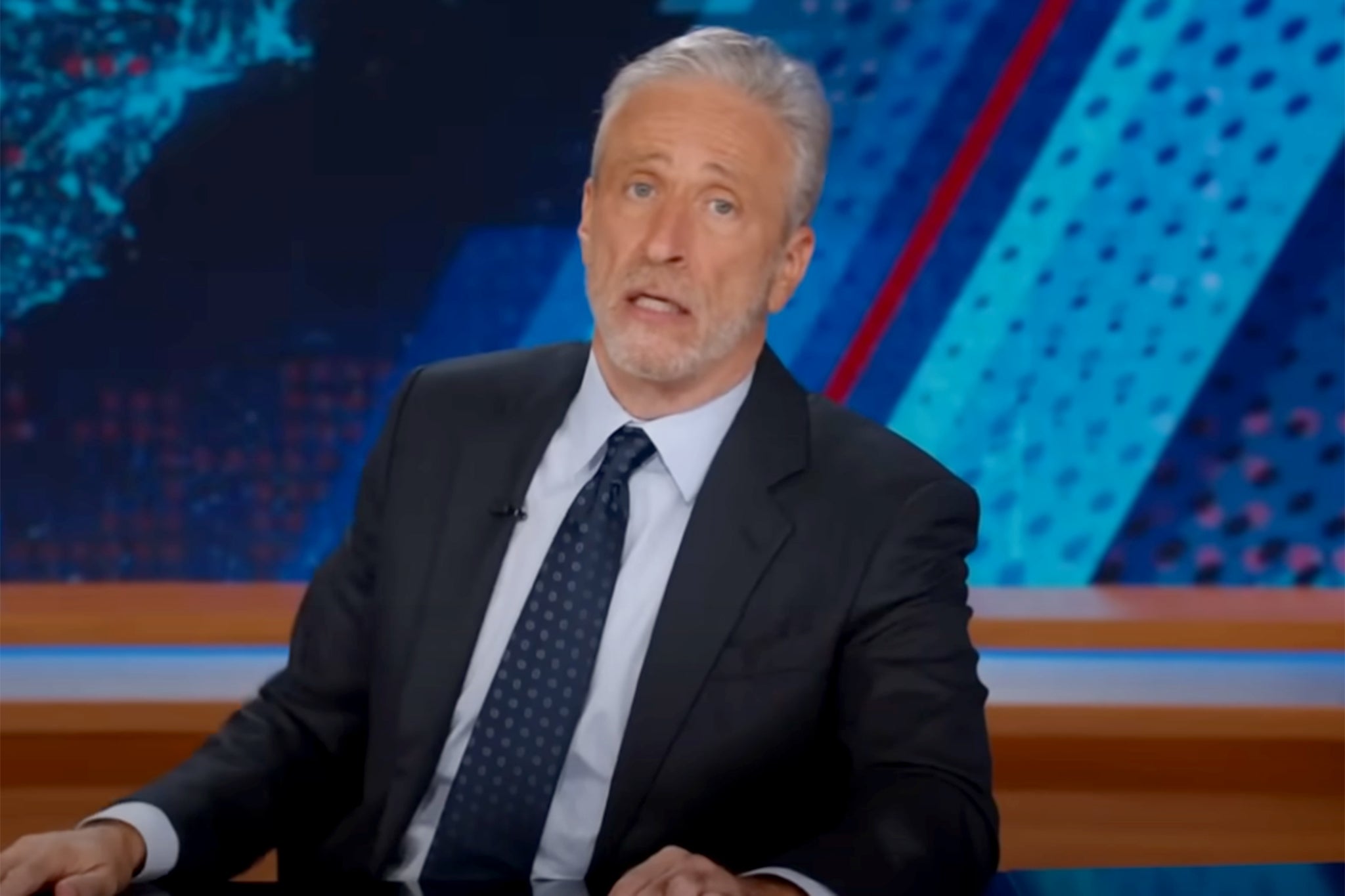 <p>Jon Stewart slammed Trump’s attacks on free speech in his monologue last night</p>