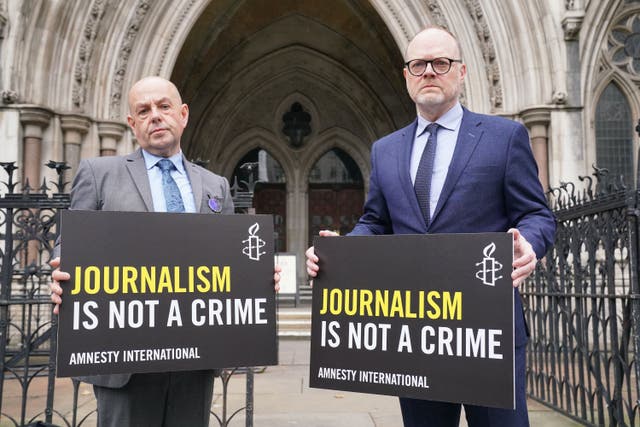 Journalists Barry McCaffrey and Trevor Birney outside the Royal Courts of Justice, in London, after the Investigatory Powers Tribunal (IPT) held a four-day hearing in the case brought by the Northern Ireland-based filmmakers over claims they were secretly monitored by police (PA)