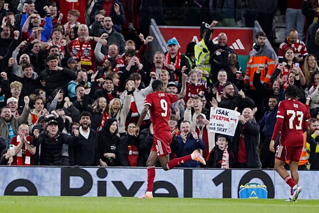 Alexander Isak celebrates scoring Liverpool’s opener against Southampton (Peter Byrne/PA)