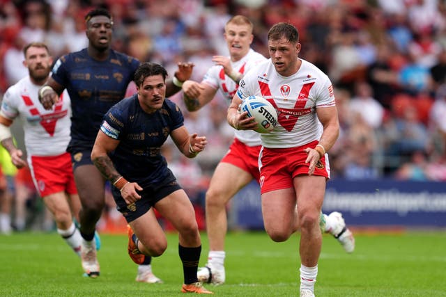 St Helen’s Morgan Knowles on the way to scoring their fourth try during the Betfred Super League match at the Totally Wicked Stadium, St Helens. Picture date: Sunday June 29, 2025.