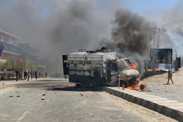 <p>Police vehicle set on fire by protesters in Leh, Ladakh, on 24 September 2025</p>