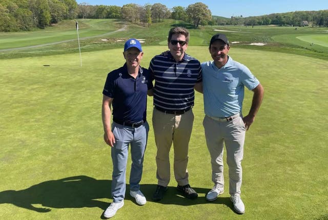 <p>Andrew Wilson (centre), pictured with Team Europe captain Luke Donald (left) and vice-captain Edoardo Molinari (right), has got Bethpage Black ready for the Ryder Cup</p>