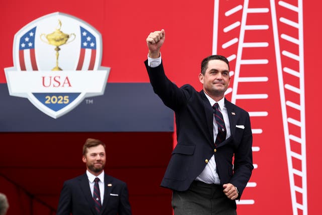 <p>Captain Keegan Bradley of Team United States acknowledges the crowd during the opening ceremony for the 2025 Ryder Cup</p>