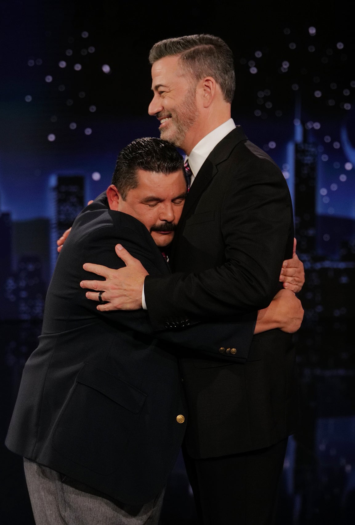 Kimmel is embraced by his sidekick Guillermo Rodriguez on Tuesday’s show