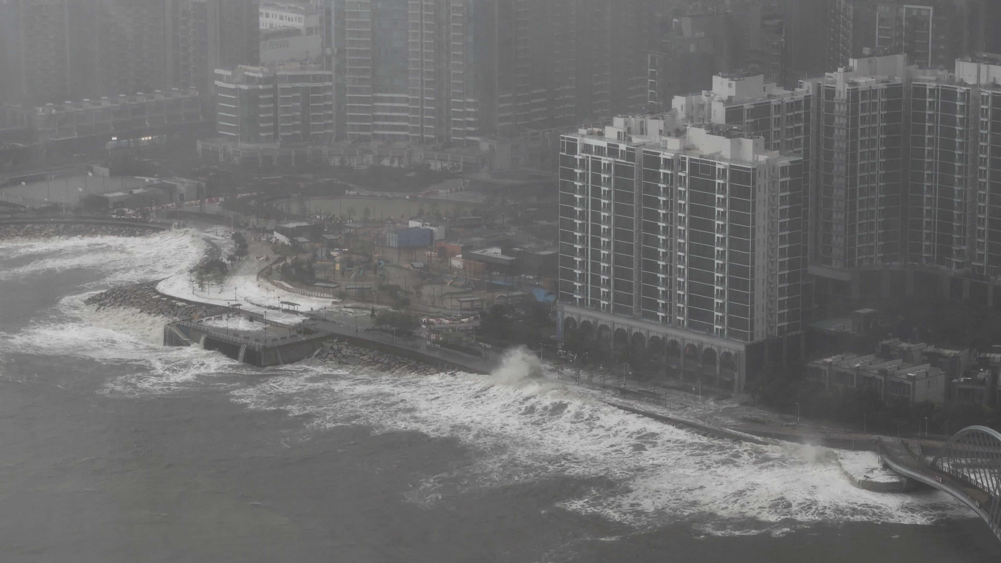 Waves crash onto the shore, as Super Typhoon Ragasa hits Tseung Kwan O, in Hong Kong