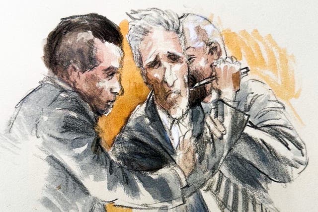 <p>A courtroom sketch depicts Ryan Routh trying to stab himself in the neck with a pen after he was found guilty of trying to kill Donald Trump at one of his Florida golf courses in 2024</p>