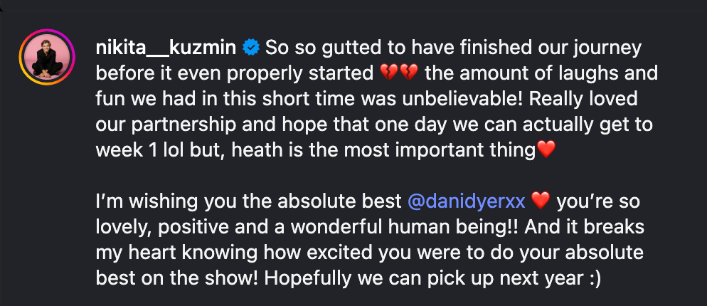 Nikita Kuzmin responds after Dani Dyer quits ‘Strictly’
