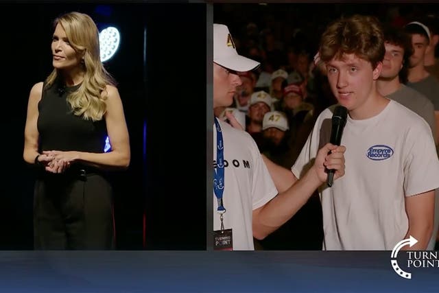 <p>Megyn Kelly shouted ‘that’s a blatant lie’ at a student who said Trump had contributed to the rise in political violence</p>