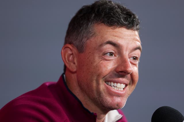 <p>Rory McIlroy of Team Europe reacts in a press conference</p>