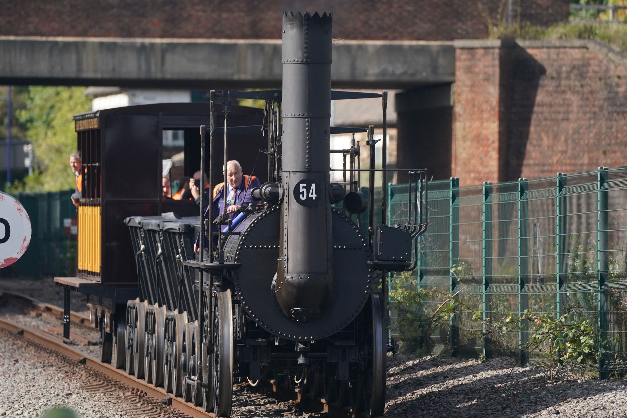 <p>Train driver Chris Cubit rides on a replica of Locomotion No 1 during a test run for 'The Railway 200 Special' at the Locomotion Museum in Shildon, County Durham</p>