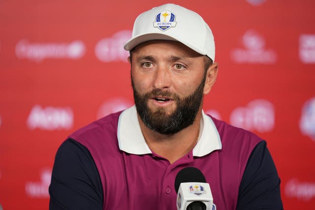 <p>Europe's Jon Rahm speaks during a news conference at the Ryder Cup golf tournament</p>