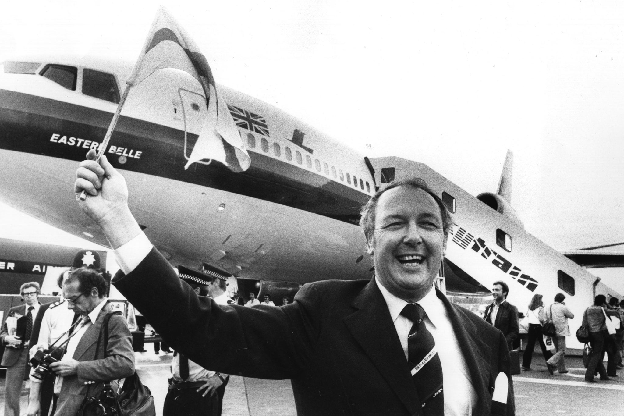 Freddie Laker before the first Skytrain flight at Gatwick in September 1977