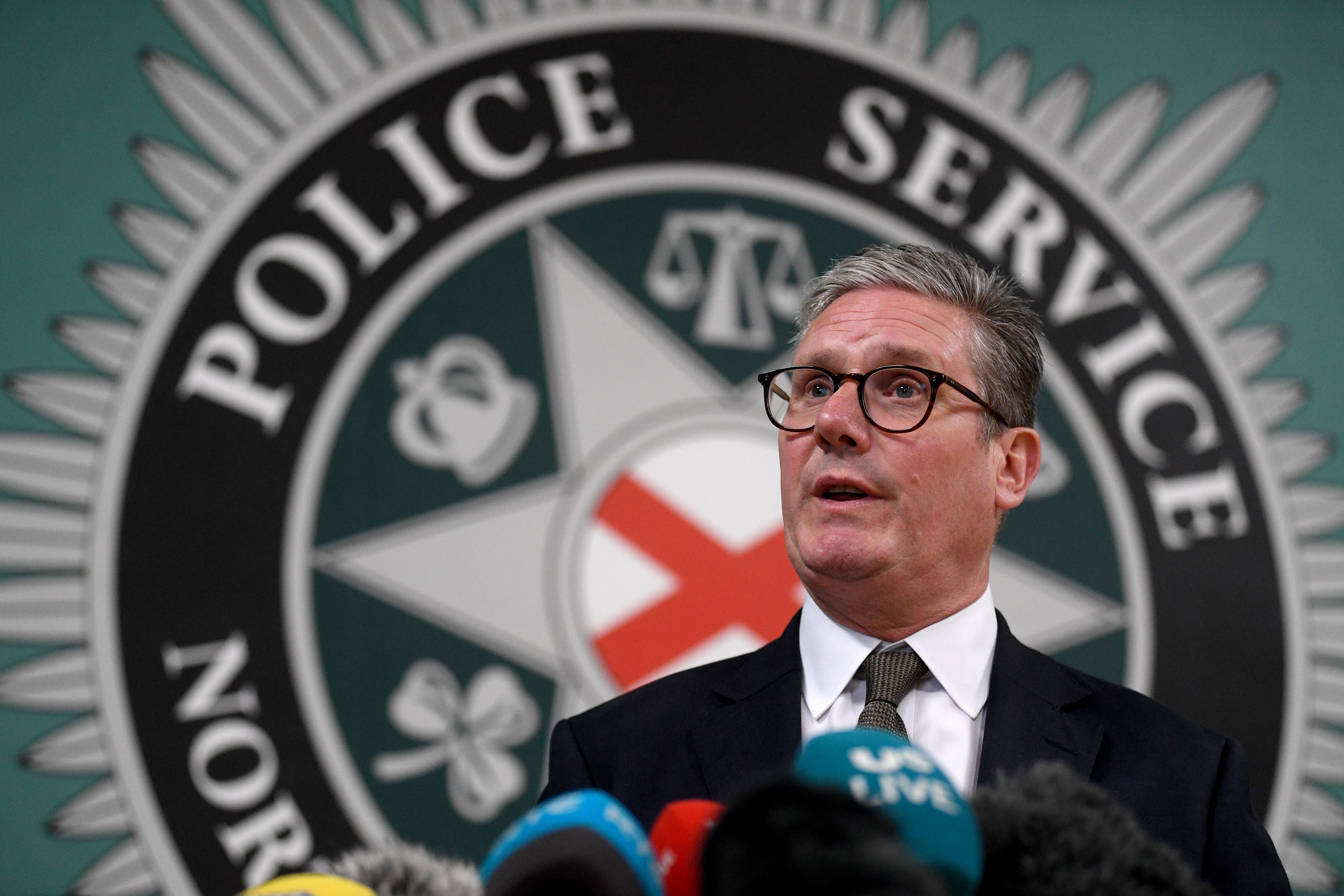 Prime Minister Keir Starmer speaking to the media during a visit to Police Service of Northern Ireland (PSNI) training college at Garnerville in Belfast, following the recent far-right riots in Belfast. Picture date: Monday August 19, 2024.