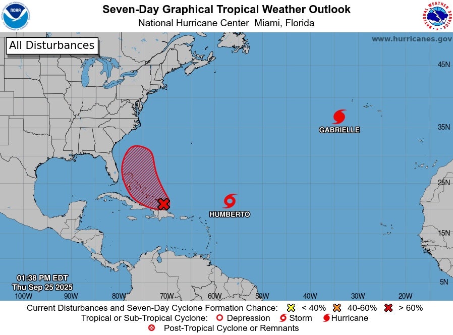 Tropical Storm Humberto could merge with another developing storm, causing a weather event known as the Fujiwhara effect