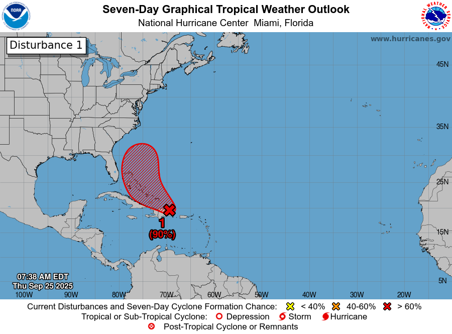 Forecasters are also on the lookout for thunderstorms currently moving through the northern Caribbean, which are highly probable to develop into Tropical Storm Imelda