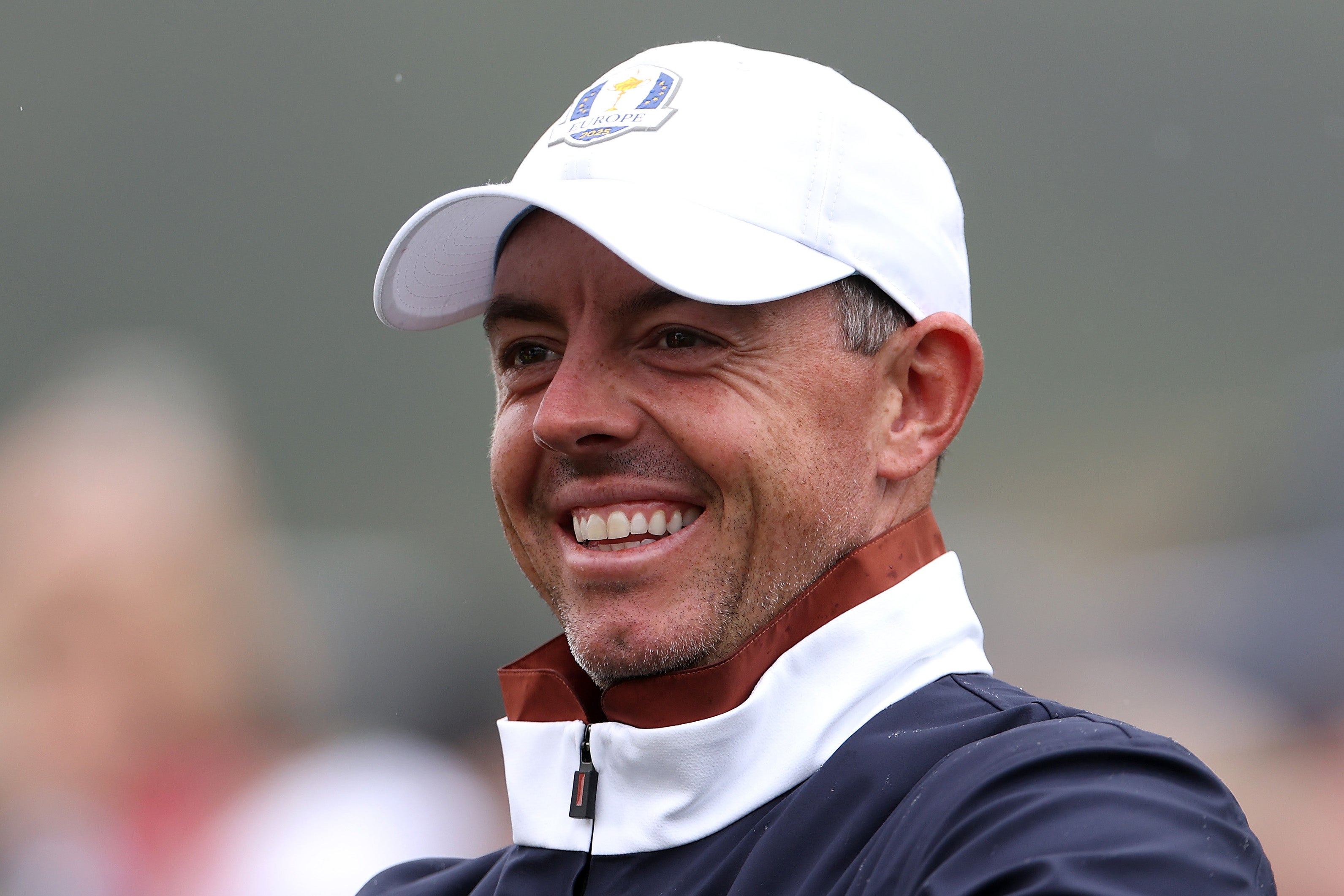 Rory McIlroy of Team Europe smiles during a practice round