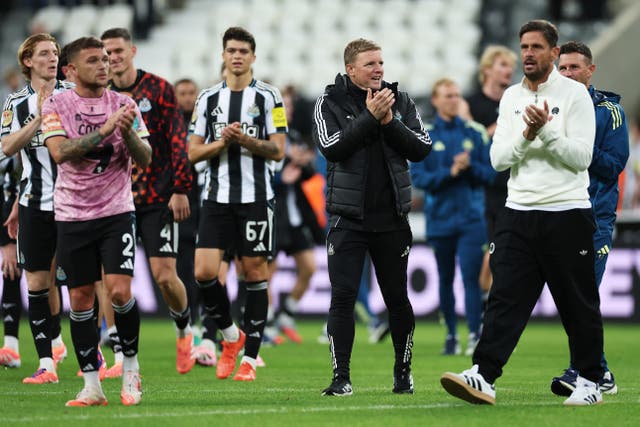 <p>Eddie Howe, Manager of Newcastle United, acknowledges the fans after the Carabao Cup Third Round match between Newcastle United and Bradford City</p>