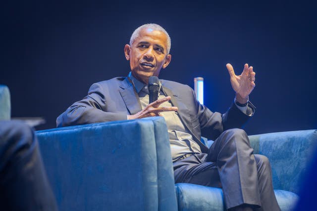 <p>Obama in conversation with historian David Olusoga at the O2 Arena in London</p>