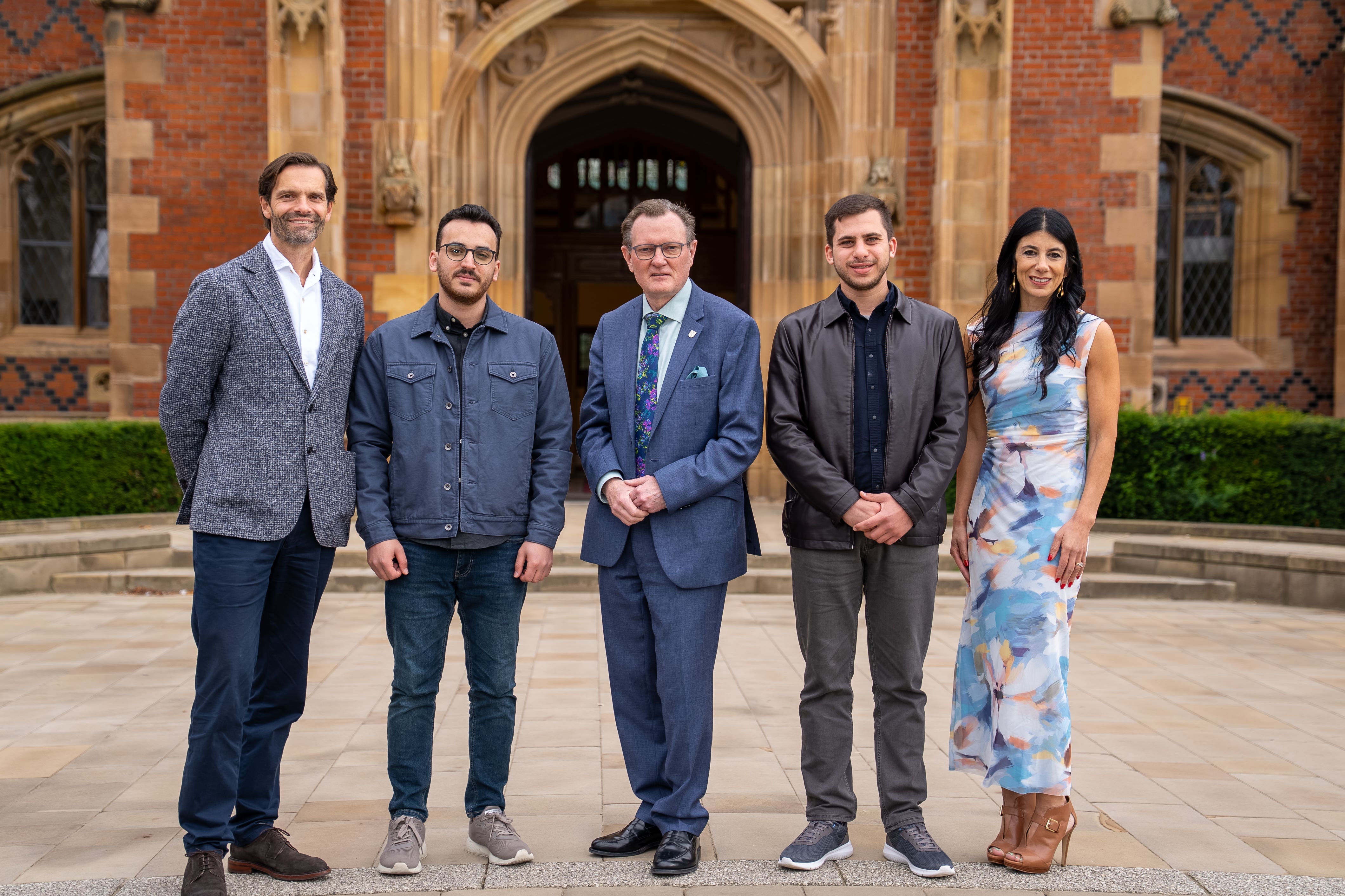 (l-r): Chris McDowell, Ibrahim Mahdi, Vice-Chancellor Professor Sir Ian Greer, Alaa Ahmad and Gina Copty at the Queen’s University, Belfast. (QUB/PA)