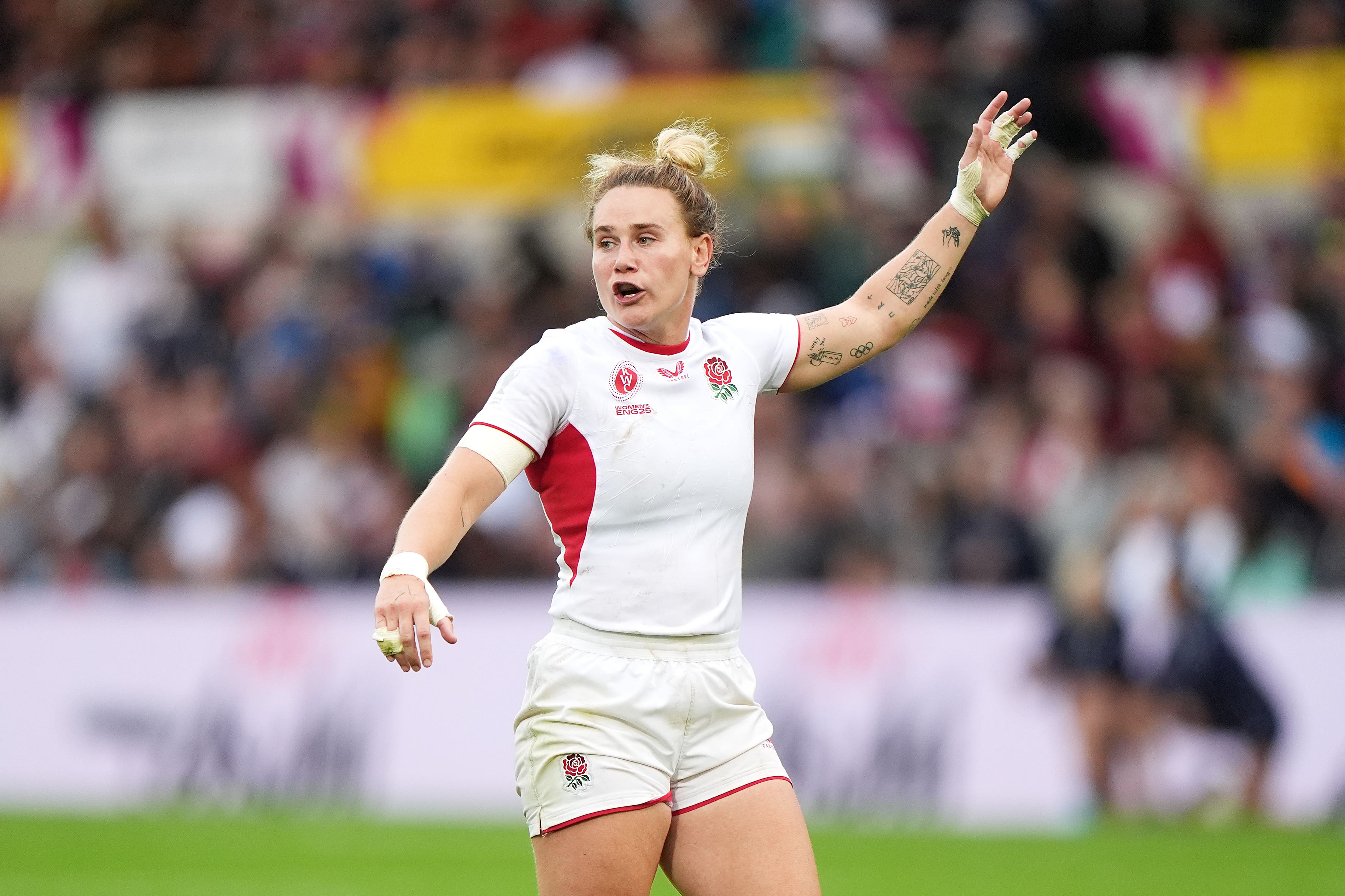 Megan Jones starts England’s World Cup final against Canada at outside centre (Joe Giddens/PA)