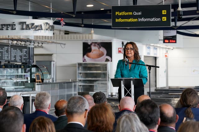 Cllr Linden KemKaran, Leader of Kent County Council, speaking at Ashford International station in Kent, calling for the return of international railways to the county. Kent County Council, Ashford Borough Council, Dartford Borough Council and local MPs are making a united call for the return of international rail services to Kent (Gareth Fuller/PA)