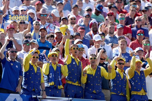 <p>European fans cheer on their team at Bethpage Black</p>