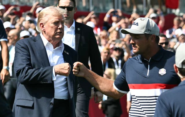 <p>President Donald Trump, left, fist-bumps United States' Bryson DeChambeau</p>