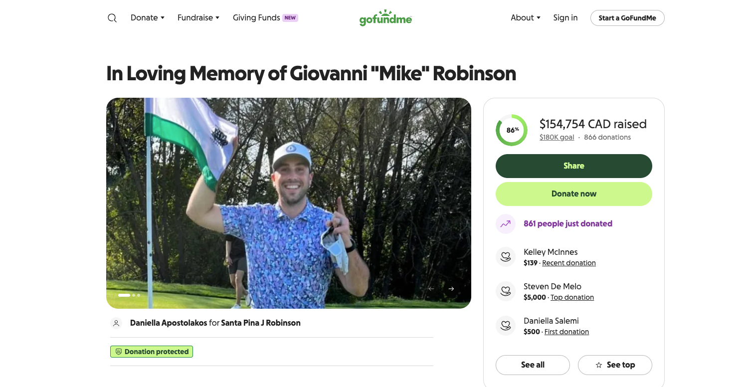 Mike Robinson, from Canada, was fatally shot in a drive-by shooting while on a golf trip in Wisconsin
