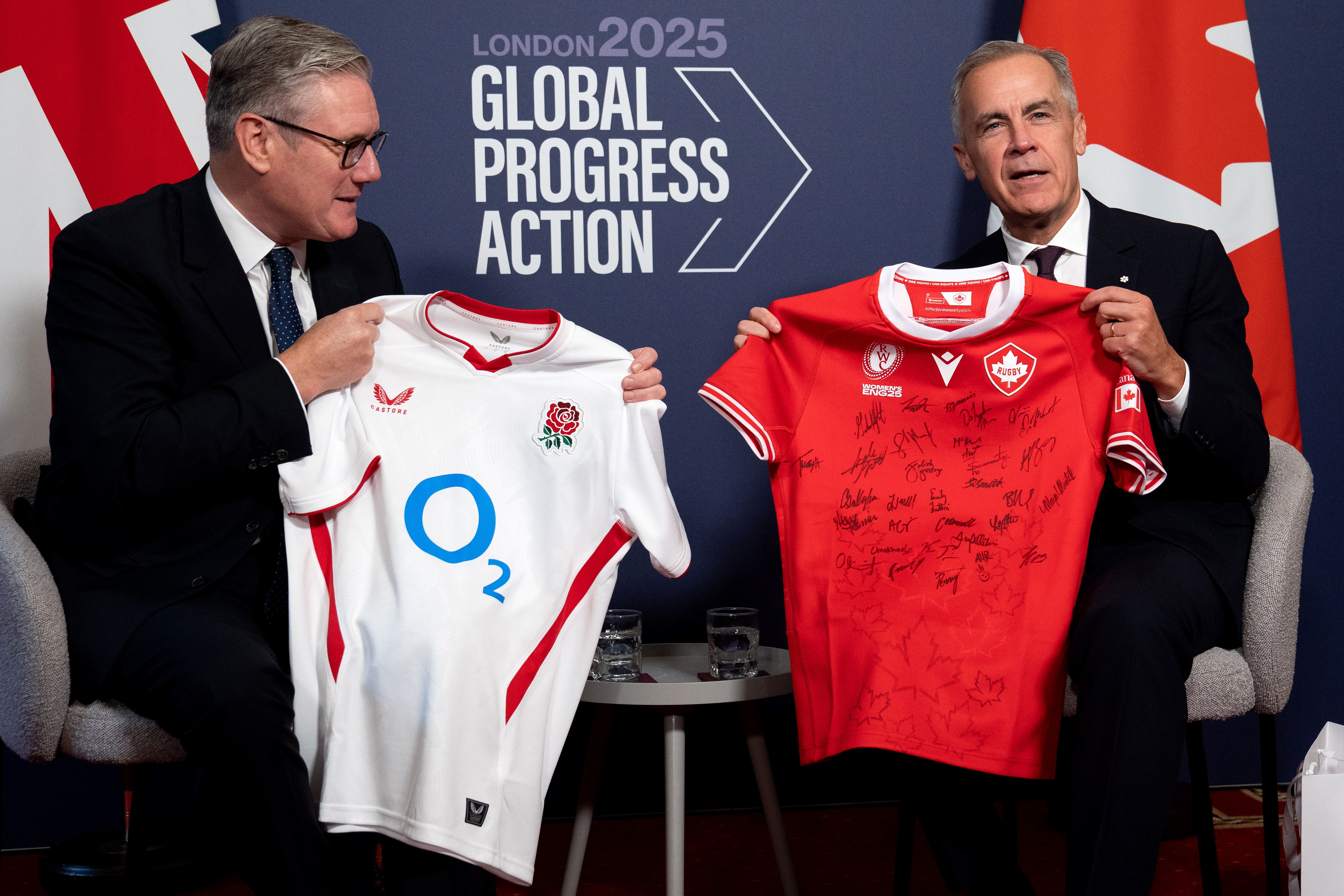 UK and Canadian prime ministers Sir Keir Starmer and Mark Carney ahead of the Women’s Rugby World Cup final (Niklas Halle’n/PA)