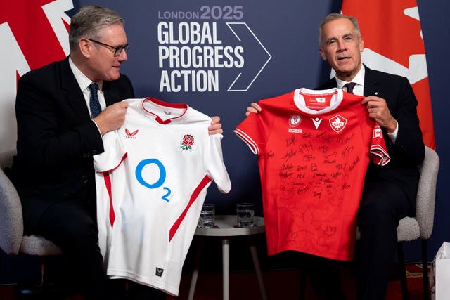 UK and Canadian prime ministers Sir Keir Starmer and Mark Carney ahead of the Women’s Rugby World Cup final (Niklas Halle’n/PA)