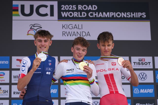 <p>Britain's Harry Hudson, centre, with silver medallist France's Johan Blanc, left, and bronze medallist Poland's Jan Jackowiak</p>