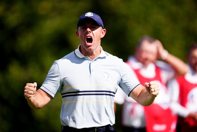 Rory McIlroy celebrates during the foursomes match against Collin Morikawa and Harris English (Mike Egerton/PA)