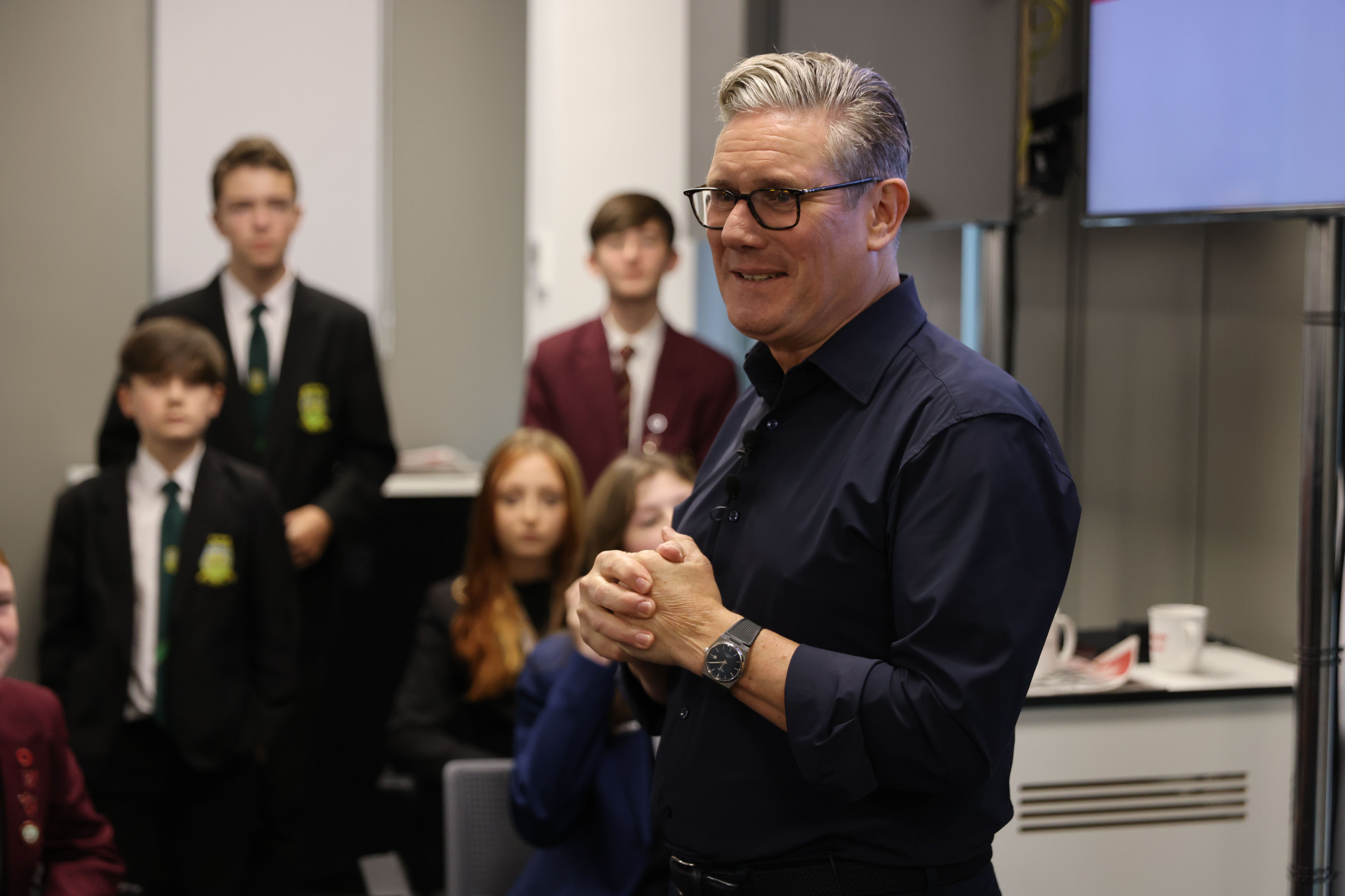 Prime Minister Sir Keir Starmer met secondary school students during a visit to the Liverpool Echo (Jack Hill/The Times/PA)