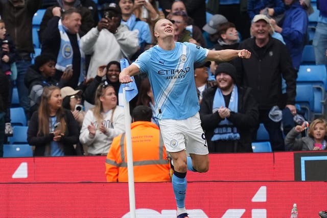 Erling Haaland scored twice in Man City’s win (Martin Rickett/PA)