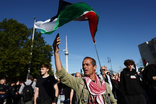 <p>People protest against Israel during a mass demonstration called ‘All Eyes on Gaza’ in support of Palestinians in Berlin, Germany</p>