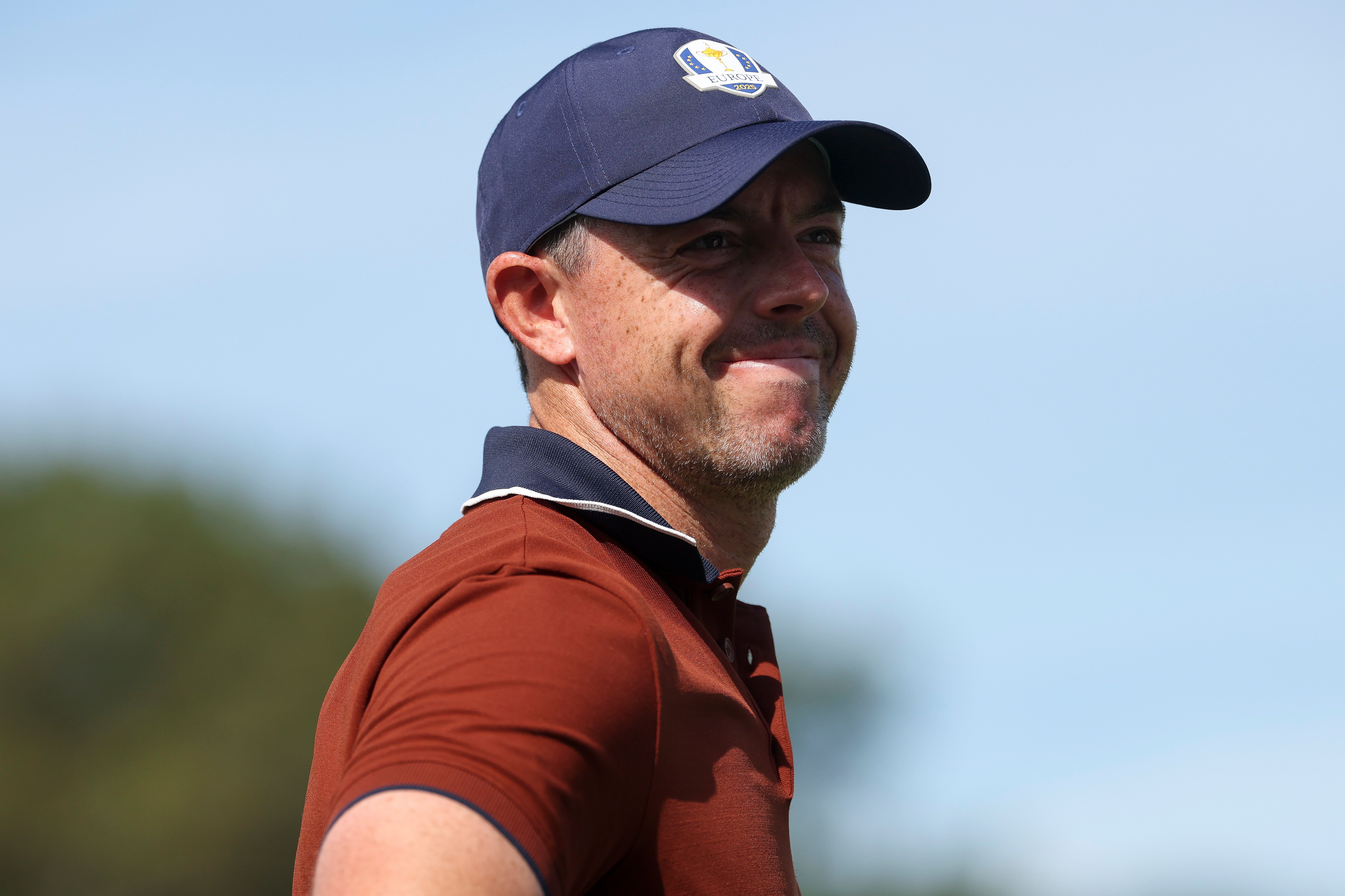 Rory McIlroy of Team Europe looks on during the Saturday morning foursomes matches