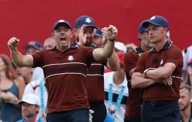 <p>Team Europe's Rory McIlroy celebrates </p>