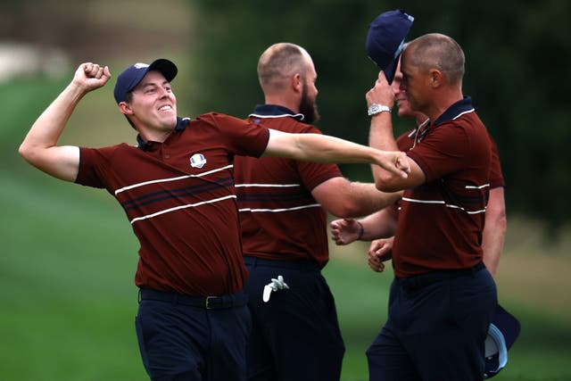 <p>Matt Fitzpatrick of Team Europe celebrates</p>